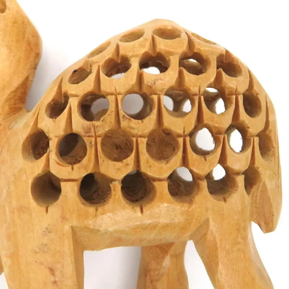 Vintage Hand Carved Wood Camel Figurine w Baby Camel Inside Pierced Carving
